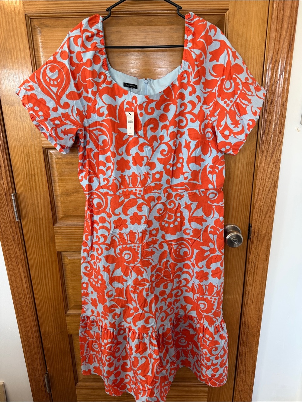 NWT Women’s Talbots Orange and Light Blue Floral Puff-Sleeve Dress- Size 16